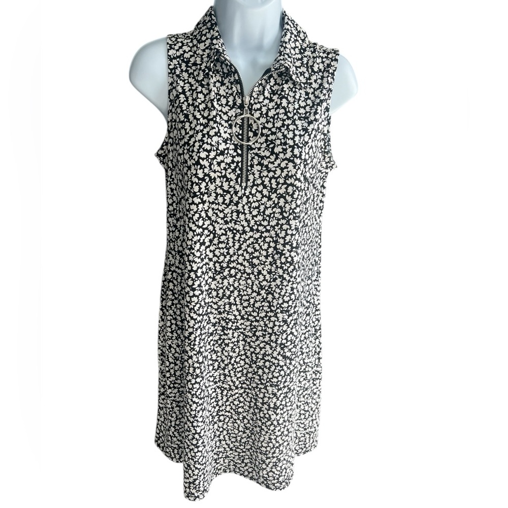 MSK black embroided print sleeveless front zip dress S